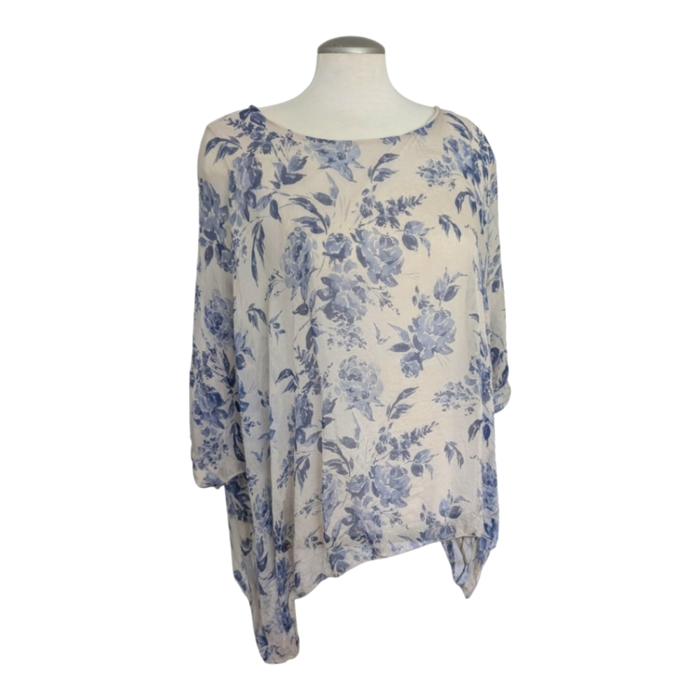 Elena Baldi 100% Silk Gauzy Sheer Blue Floral Blouse Top Size Large